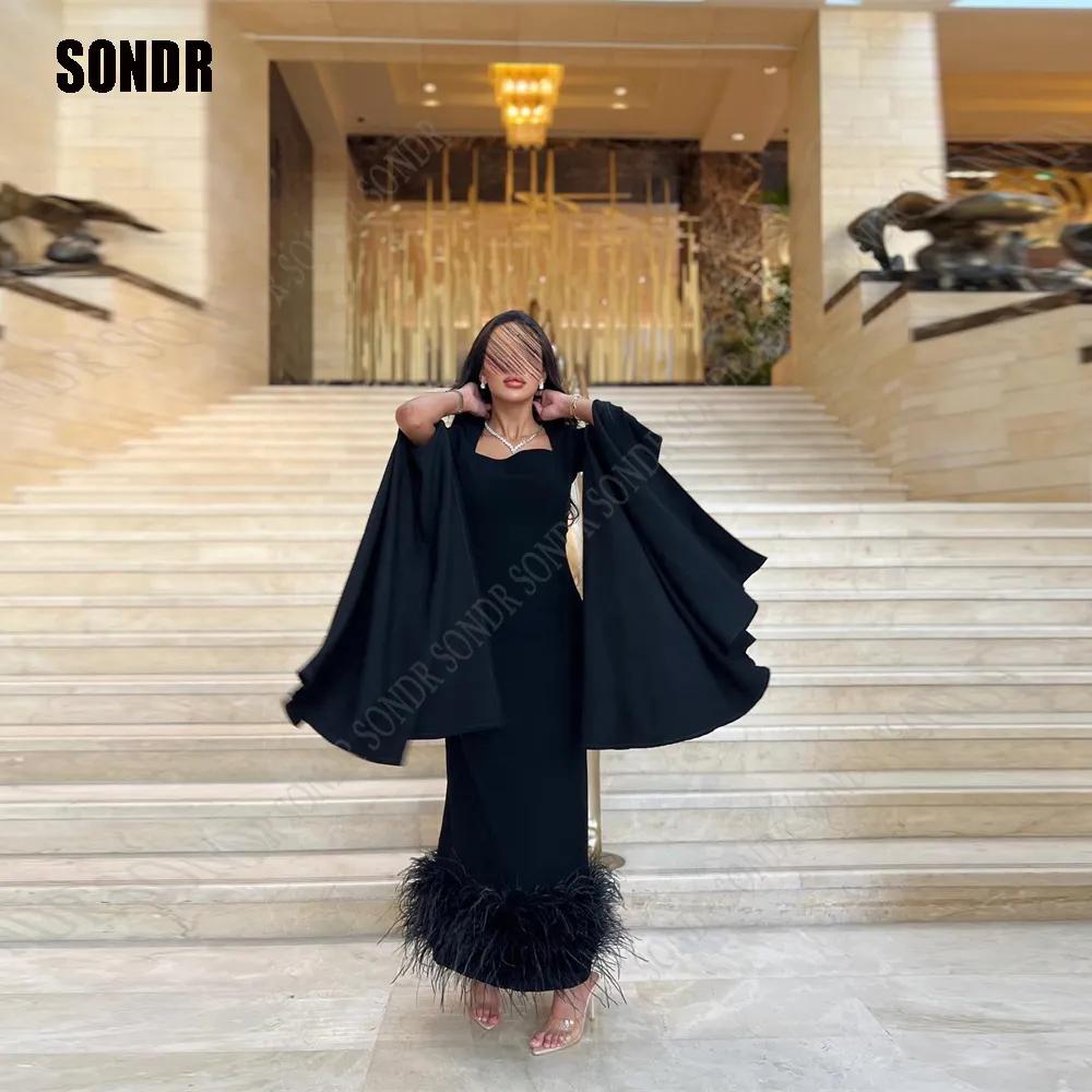SONDR 블랙 깃털 재킷 소매 긴 무도회 드레스, 사우디 아라비아 맞춤형 두바이 파티 이브닝 가운, 정장 드레스